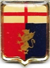 A red and blue rectangular badge with a lion and cross

Description automatically generated