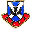 A pin with a blue and white shield

Description automatically generated